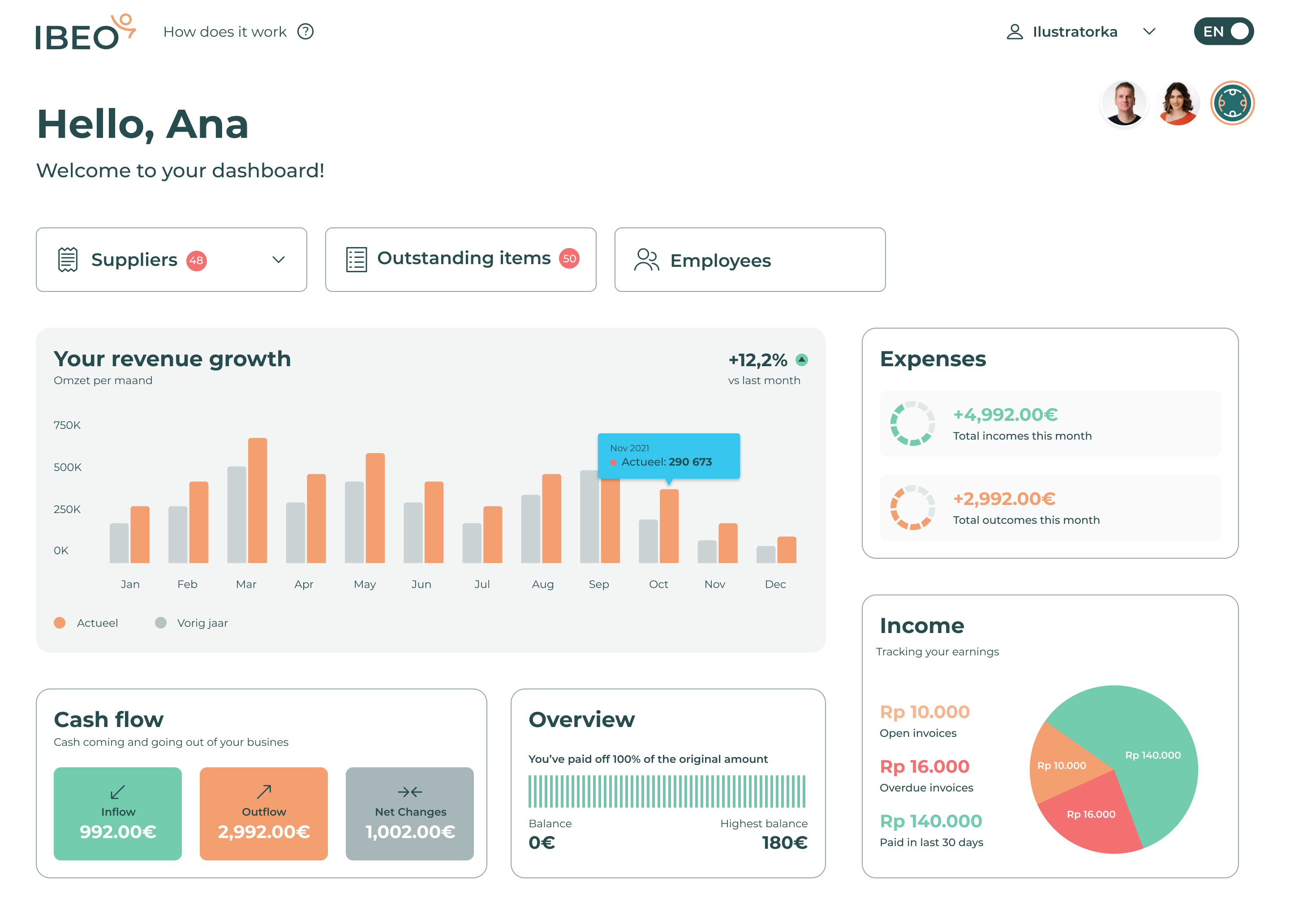 IBEO Dashboard showing revenue growth, expenses and income overview